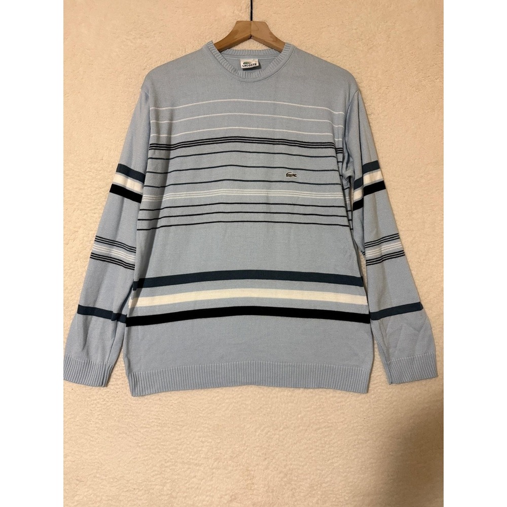 Lacoste Sweater Mens Large Light Blue Striped Cotton‎ Crewneck Knit Pullover